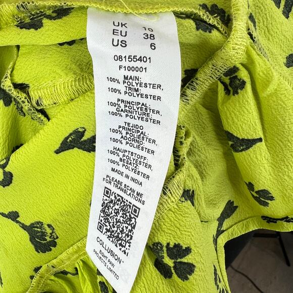 Collusion Yellow Black 6 Lace Up Side Top Ditsy Print Ribbed V-Neck Short Sleeve - Picture 8 of 8